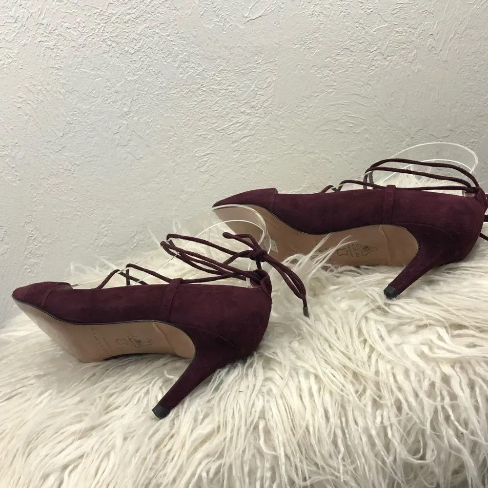 PURA‎ LOPEZ -MAROON ANKLE TIE SUEDE PUMPS HEELS S4